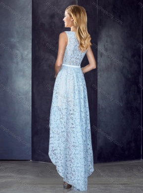 2016 Bateau High Low Light Blue Prom Dress in Lace