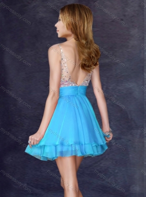 2016 Beautiful A Line V Neck Sequined Aqua Blue Short Prom Dress