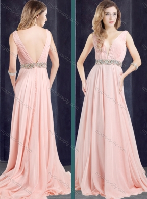 2016 Cheap Chiffon Belted with Beading Prom Dress with Deep V Neckline