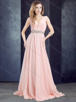 2016 Cheap Chiffon Belted with Beading Prom Dress with Deep V Neckline