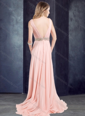 2016 Cheap Chiffon Belted with Beading Prom Dress with Deep V Neckline