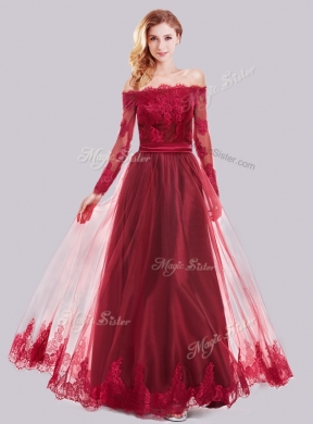 2016 Cheap Off the Shoulder Long Sleeves Applique Prom Dress in Tulle