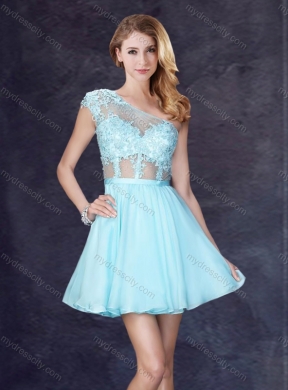 2016 Cheap See Through One Shoulder Applique Prom Dress in Aqua Blue