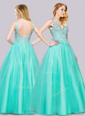 2016 Hot Sale Beaded Bodice Turquoise Prom Dress with V Neck