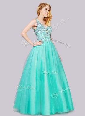 2016 Hot Sale Beaded Bodice Turquoise Prom Dress with V Neck