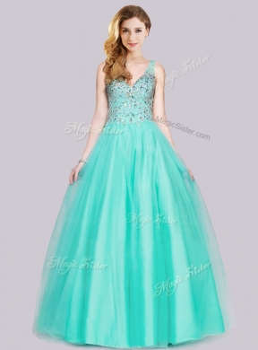 2016 Hot Sale Beaded Bodice Turquoise Prom Dress with V Neck