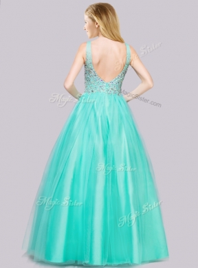 2016 Hot Sale Beaded Bodice Turquoise Prom Dress with V Neck