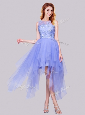 2016 Luxurious Asymmetrical Bateau Lavender Prom Dress with Appliques