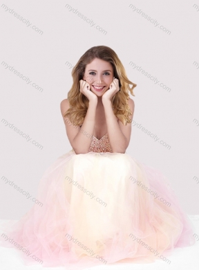 2016 Luxurious Empire Tulle Long Prom Dress with Beaded Bodice