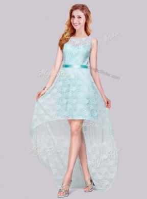 2016 Modern High Low Belted and Laced Apple Green Prom Dress with Bateau