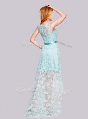 2016 Modern High Low Belted and Laced Apple Green Prom Dress with Bateau