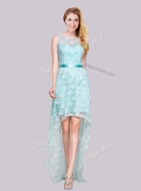 2016 Modern High Low Belted and Laced Apple Green Prom Dress with Bateau