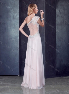 2016 One Shoulder Applique Baby Pink Prom Dress with See Through Back