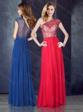 2016 One Shoulder Beaded Coral Red Prom Dress with See Through Back