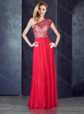 2016 One Shoulder Beaded Coral Red Prom Dress with See Through Back