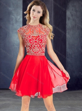 2016 Sexy Scoop Beaded Red Short Prom Dress with Cap Sleeves