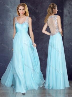 2016 V Neck Applique Light Blue Prom Dress with See Through Back