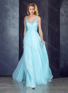 2016 V Neck Applique Light Blue Prom Dress with See Through Back