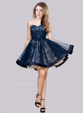 2016 A Line Laced Short Cheap Bridesmaid Dresses in Navy Blue