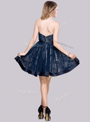 2016 A Line Laced Short Cheap Bridesmaid Dresses in Navy Blue