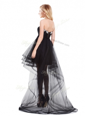 2016 Beaded Top Tulle Black Cheap Bridesmaid Dresses with High Low