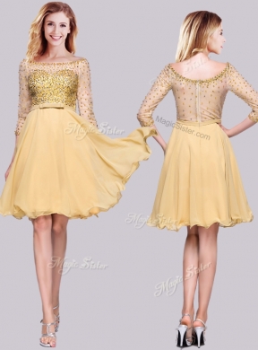 2016 Chiffon Beaded Gold Cheap Bridesmaid Dresses with 3/4-length Sleeves