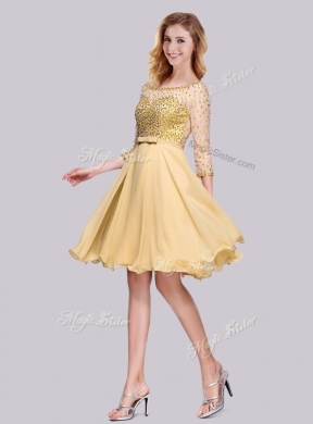 2016 Chiffon Beaded Gold Cheap Bridesmaid Dresses with 3/4-length Sleeves