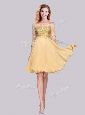 2016 Chiffon Beaded Gold Cheap Bridesmaid Dresses with 3/4-length Sleeves