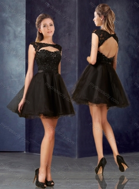 2016 Open Back Bateau Black Cheap Bridesmaid Dresses with Lace and Belt