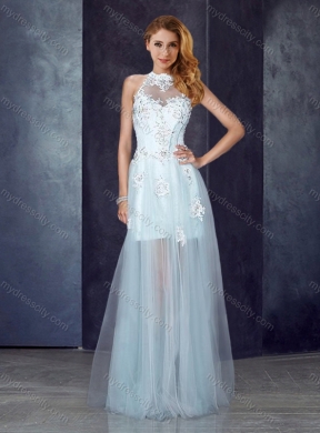 2016 Short Inside Long Outside High Neck Light Blue Junior Bridesmaid Dresses with Appliques and Beading