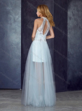 2016 Short Inside Long Outside High Neck Light Blue Junior Bridesmaid Dresses with Appliques and Beading