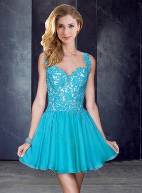 2016 Straps Short Teal Junior Bridesmaid Dresses with Appliques