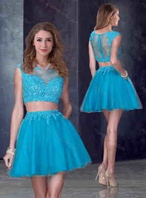 2016 Two Piece Short Bateau Teal Cheap Bridesmaid Dresses with Appliques