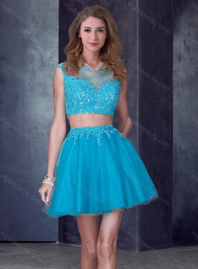 2016 Two Piece Short Bateau Teal Cheap Bridesmaid Dresses with Appliques