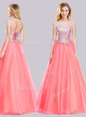 2016 Latest A Line Tulle Sequined Long Junior Bridesmaid Dresses in Watermelon