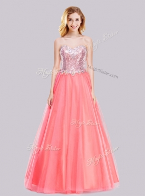 2016 Latest A Line Tulle Sequined Long Junior Bridesmaid Dresses in Watermelon