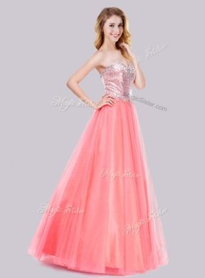 2016 Latest A Line Tulle Sequined Long Junior Bridesmaid Dresses in Watermelon