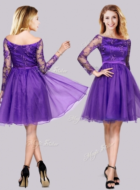 2016 Latest Long Sleeves Laced Purple Junior Bridesmaid Dresses with Off the Shoulder