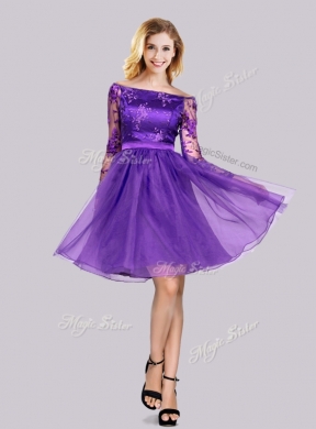 2016 Latest Long Sleeves Laced Purple Junior Bridesmaid Dresses with Off the Shoulder