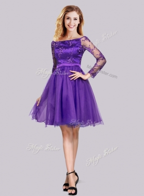 2016 Latest Long Sleeves Laced Purple Junior Bridesmaid Dresses with Off the Shoulder