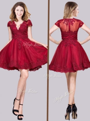 2016 New Deep V Neckline See Through Back Applique Junior Bridesmaid Dresses in Wine Red