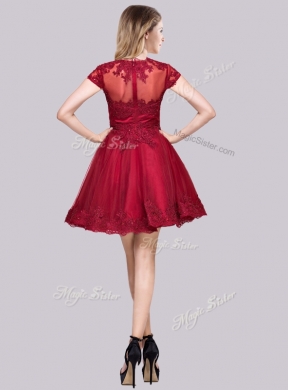 2016 New Deep V Neckline See Through Back Applique Junior Bridesmaid Dresses in Wine Red