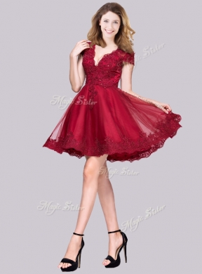 2016 New Deep V Neckline See Through Back Applique Junior Bridesmaid Dresses in Wine Red