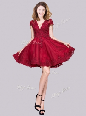 2016 New Deep V Neckline See Through Back Applique Junior Bridesmaid Dresses in Wine Red