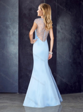 2016 See Through Back Beaded Light Blue Junior Bridesmaid Dresses with Cap Sleeves