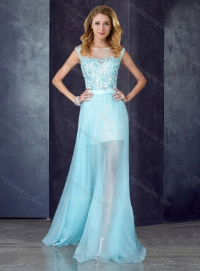 2016 Short Inside Long Outside Bateau Applique Light Blue New Bridesmaid Dresses in Black