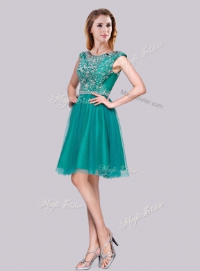 2016 Classical Cap Sleeves Tulle A Line Beaded New Bridesmaid Dresses in Turquoise