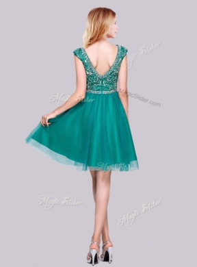 2016 Classical Cap Sleeves Tulle A Line Beaded New Bridesmaid Dresses in Turquoise