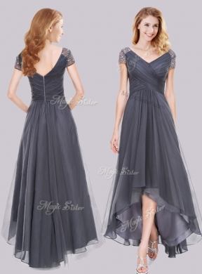 2016 Lovely Beaded Decorated Short Sleeves High Low Grey New Bridesmaid Dresses