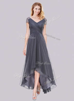 2016 Lovely Beaded Decorated Short Sleeves High Low Grey New Bridesmaid Dresses